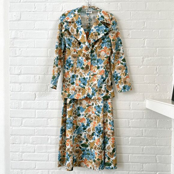 VTG 70s Alfreda Floral Blazer Skirt Suit Set Prairie Cottagecore Boho S/M - Picture 1 of 12